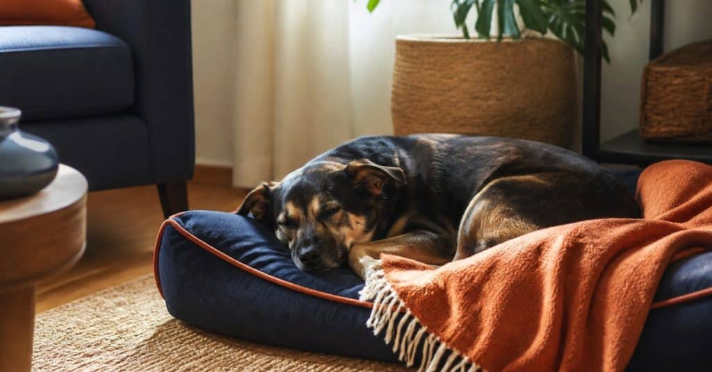 Chien installé confortablement sur son panier dans un intérieur lumineux