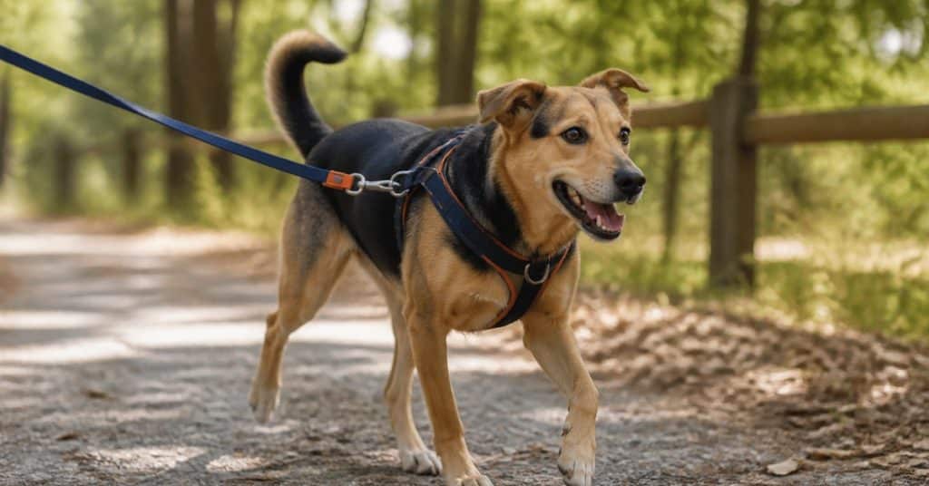 Chien en promenade équipé d'un harnais et d'une laisse en extérieur