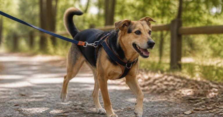 Chien en promenade équipé d'un harnais et d'une laisse en extérieur