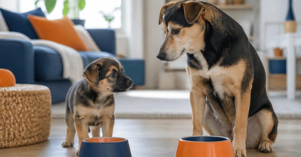 Un chiot et un chien adulte devant leurs gamelles respectives