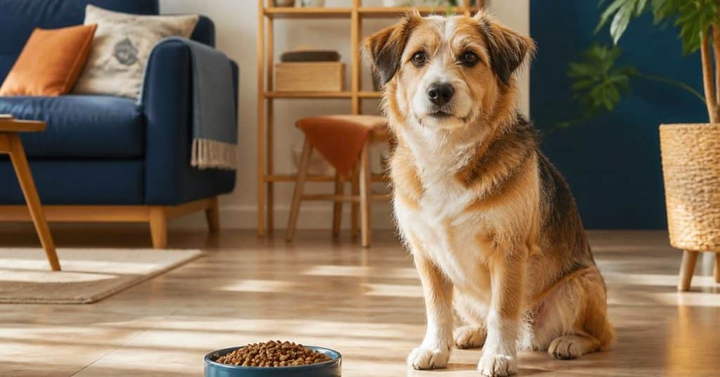 Chien assis près de sa gamelle de croquettes, ambiance intérieure chaleureuse