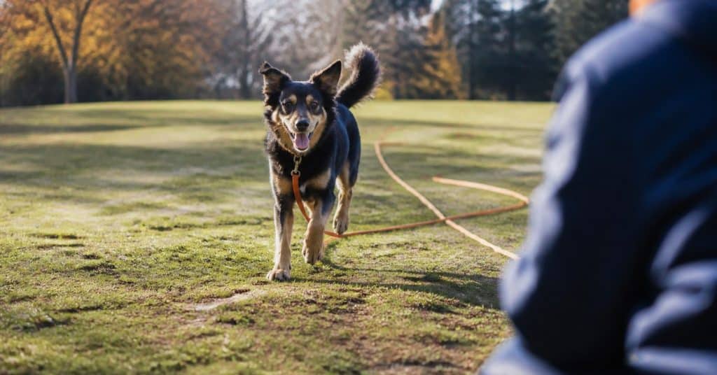 Chien qui revient vers son propriétaire lors d'un exercice de rappel en extérieur