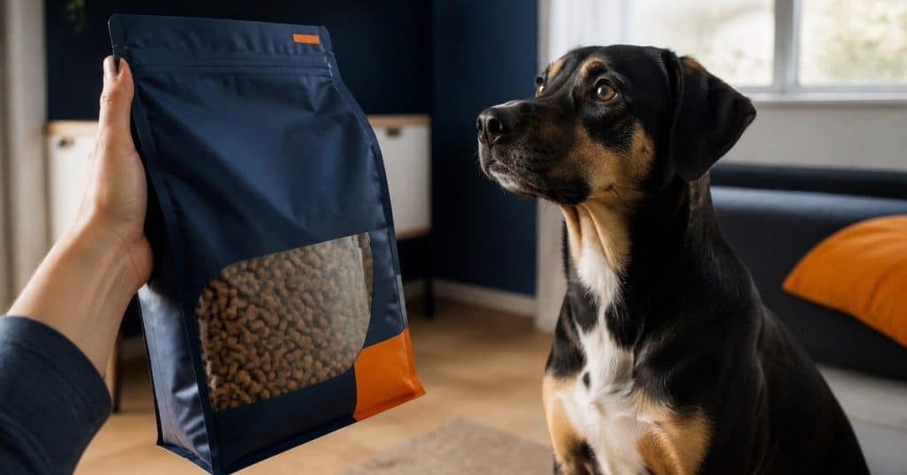 Lecture de l'étiquette d'un sac de croquettes près d'un chien