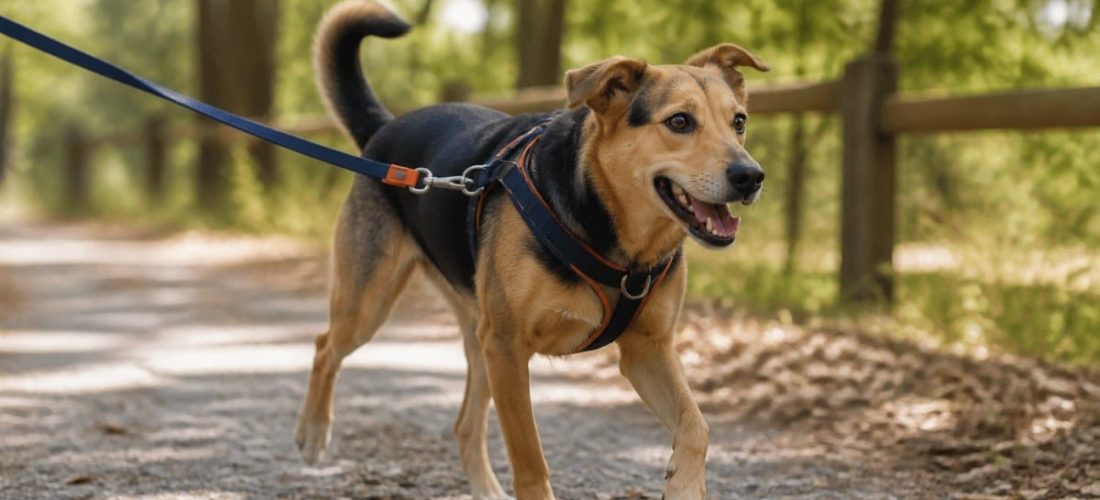 Chien en promenade équipé d'un harnais et d'une laisse en extérieur