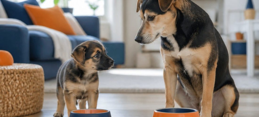 Un chiot et un chien adulte devant leurs gamelles respectives