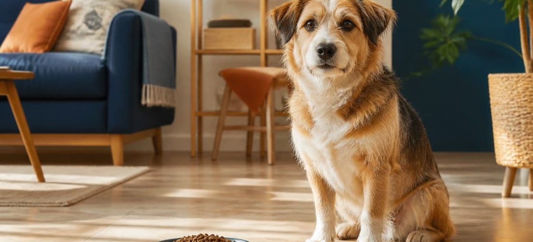 Chien assis près de sa gamelle de croquettes, ambiance intérieure chaleureuse